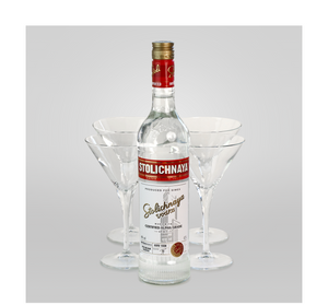 Stolichnaya Vodka - 0,7 L + Vier Stoli-Espresso Martini Gläser